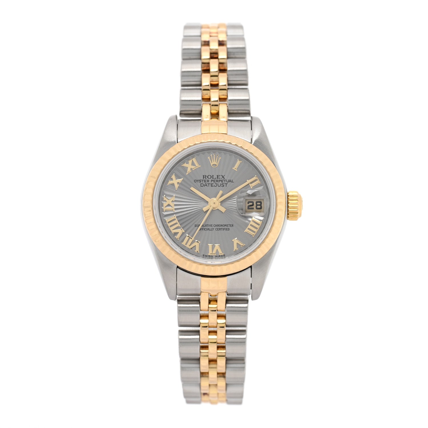 Rolex Stainless Steel 18K Yellow Gold 26mm Oyster Perpetual Datejust Watch Silver Sunbeam Roman 79173 1 of 4
