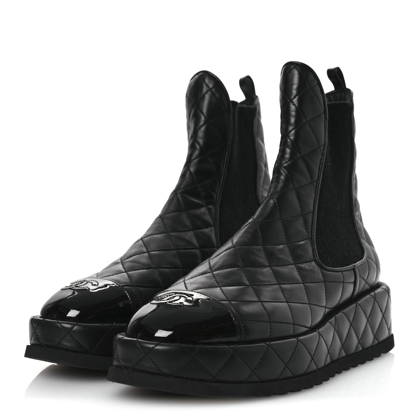 Lambskin Patent CC Cap Toe Quilted Short Platform Boots 39.5 Black