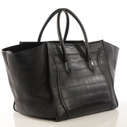 Celine Crocodile Embossed Calfskin Medium Phantom Luggage Black 3 of 10