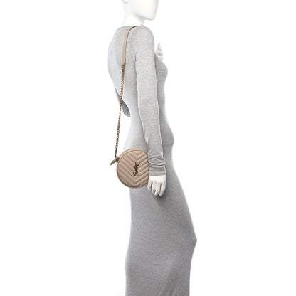 Saint Laurent Grain De Poudre Matelasse Chevron Quilted Round Vinyle Camera Bag Dark Beige 2 of 11