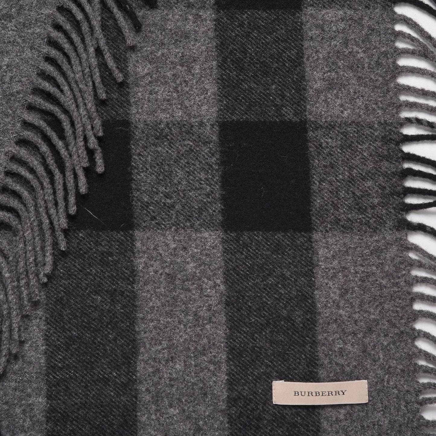 Merino Wool Half Mega Check Fringe Scarf Black Grey