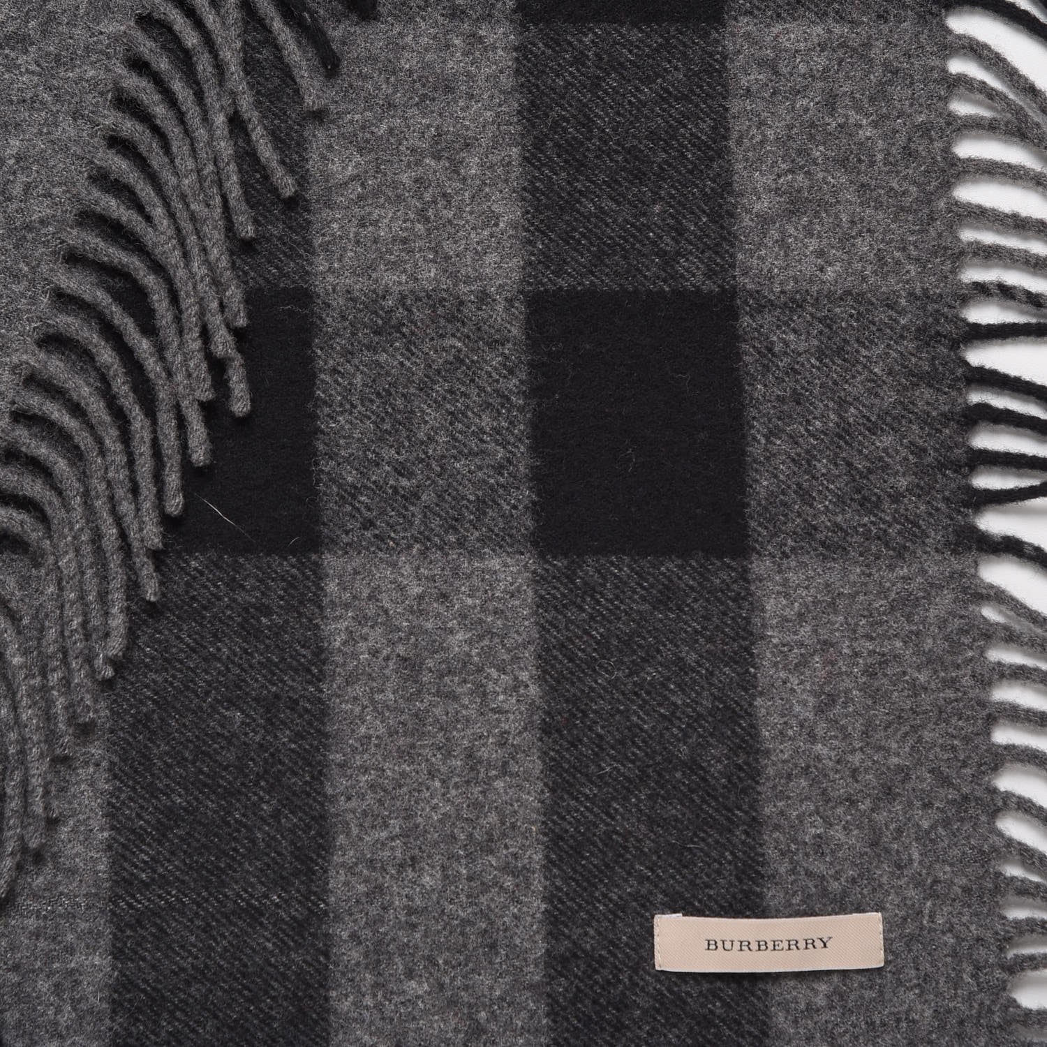 Burberry Merino Wool Half Mega Check Fringe Scarf Black Grey 4 of 7