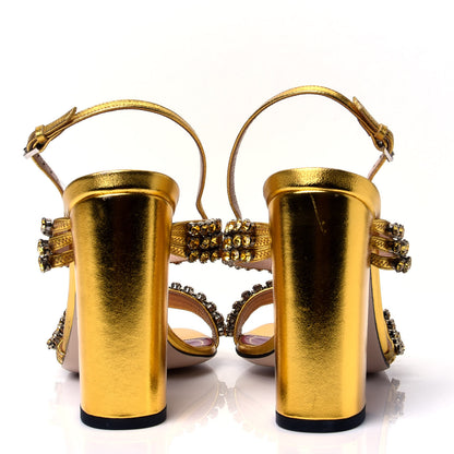 Gucci Nappa Silk Crystal Bertie High Heel Sandals 38.5 Gold 6 of 11