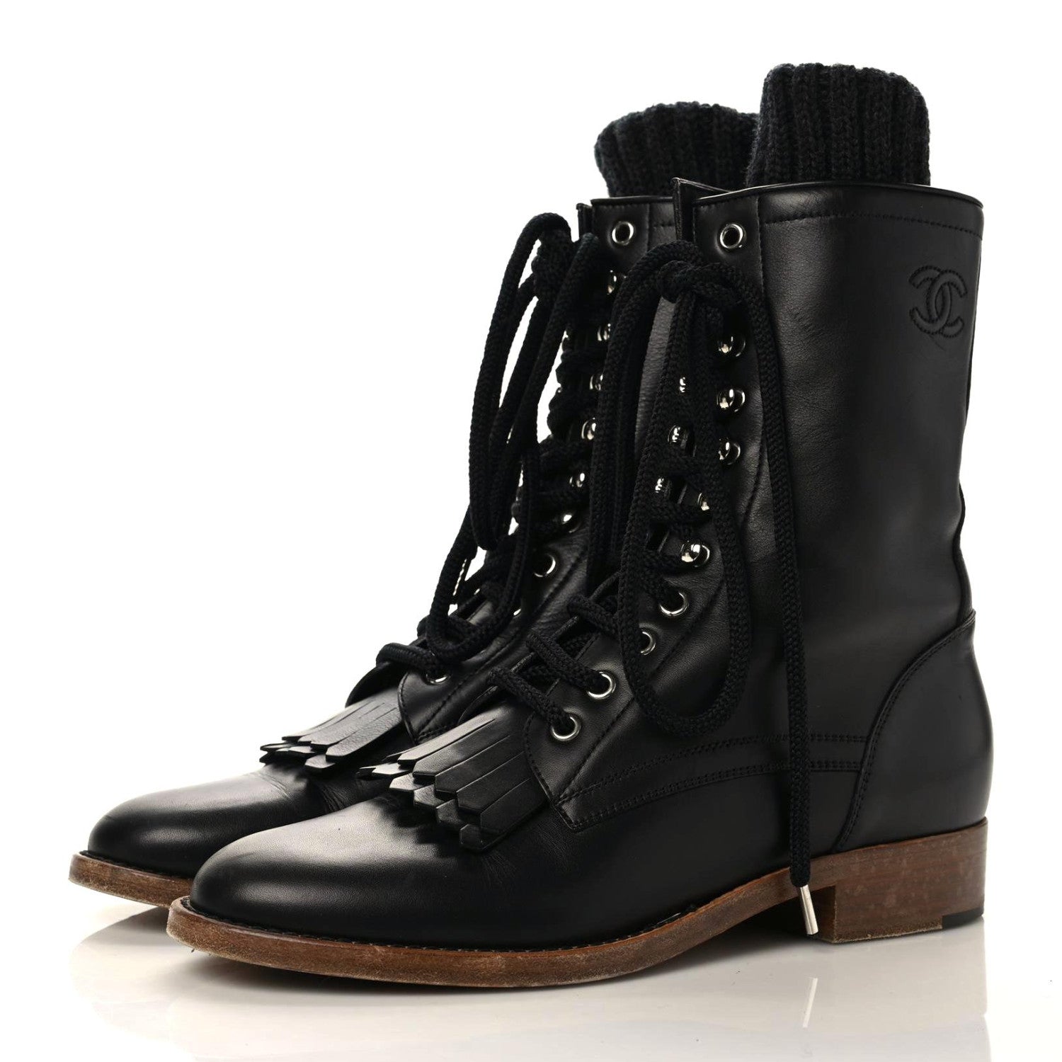 Chanel Calfskin Sock High CC Combat Boots 39.5 Black Dark Grey 3 of 10