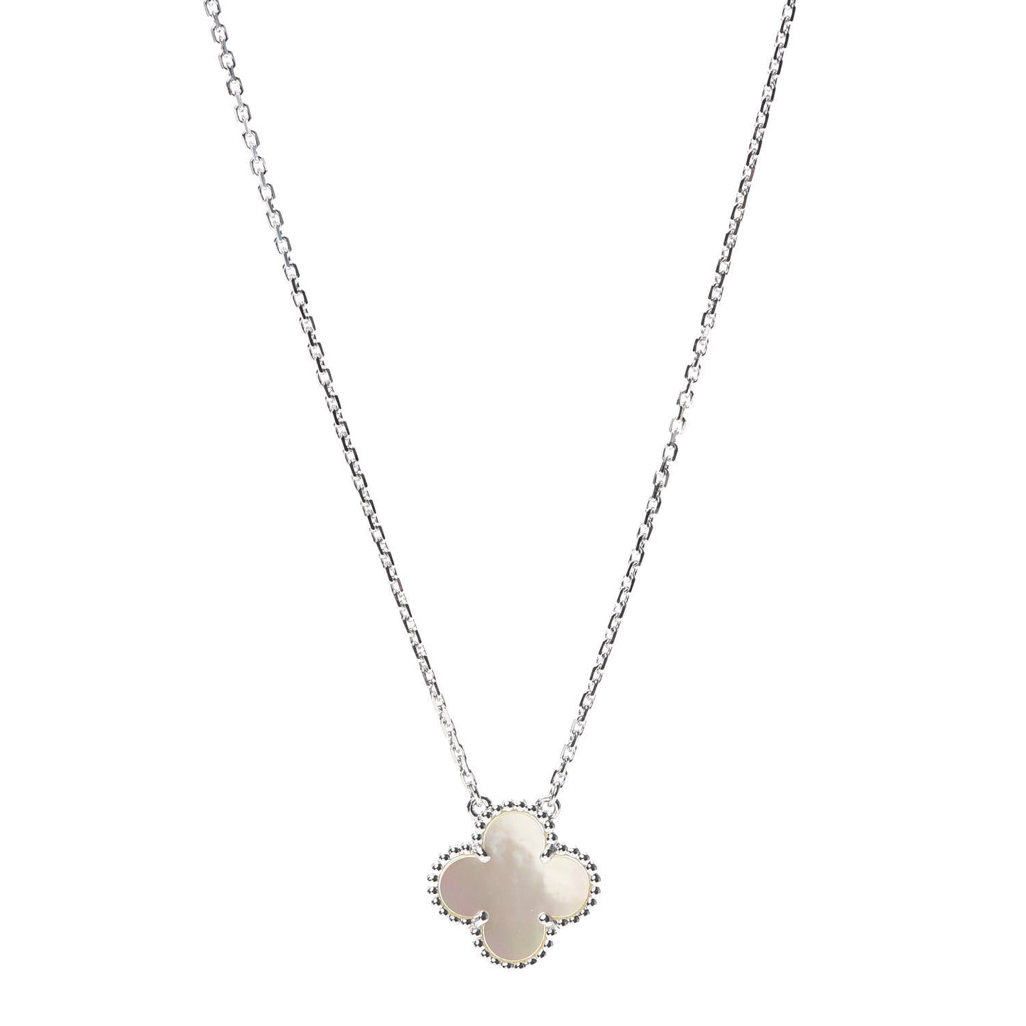 18K White Gold Mother of Pearl Vintage Alhambra Pendant Necklace