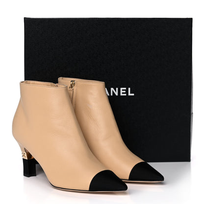 Chanel Lambskin Grosgrain Cap Toe Short Ankle Boots 39 Beige Black 10 of 10