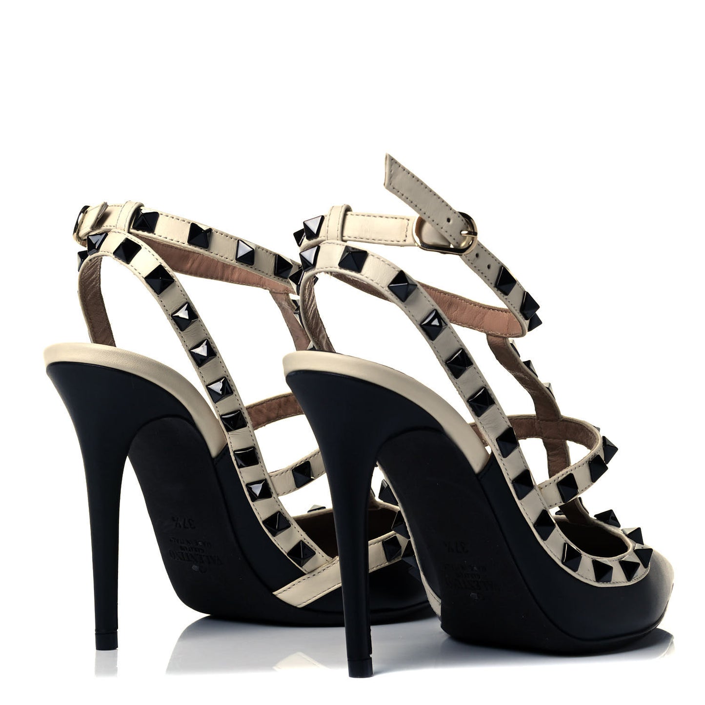 Calfskin Rockstud Ankle Strap 100mm Pumps 37.5 Black Light Ivory