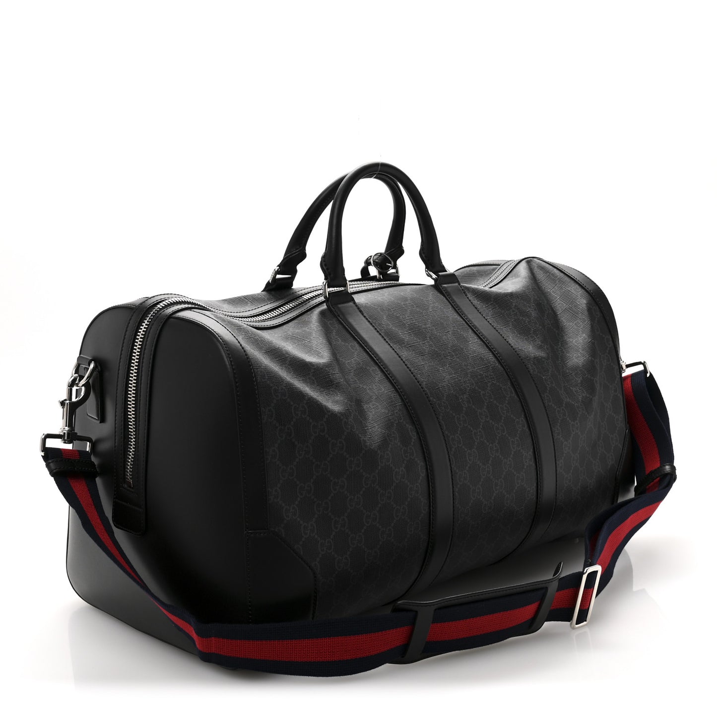 Soft GG Supreme Monogram Appia Calfskin Web Large Carry On Duffle Bag Black Grey