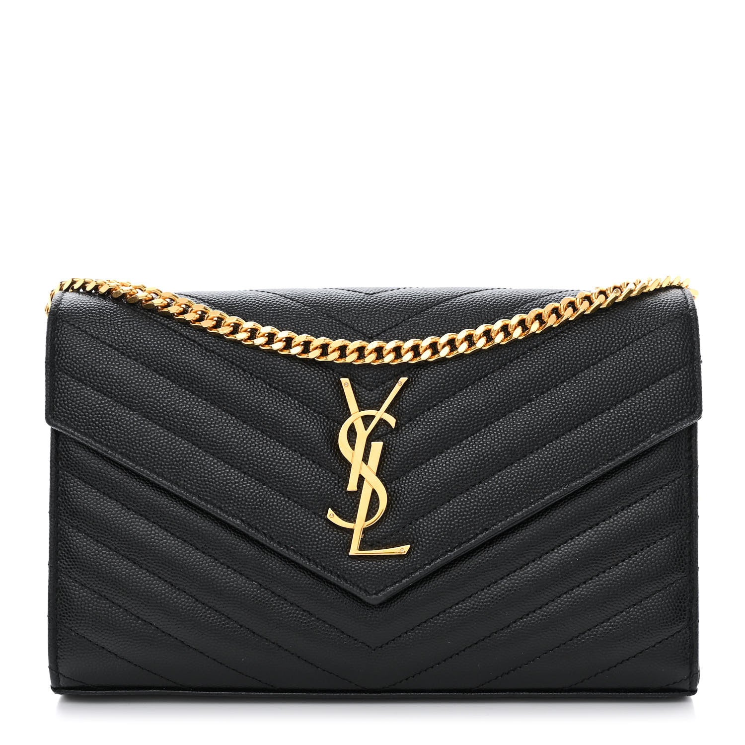 Saint Laurent Grain De Poudre Matelasse Chevron Monogram Chain Wallet Black 1 of 10