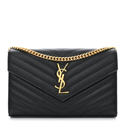 Saint Laurent Grain De Poudre Matelasse Chevron Monogram Chain Wallet Black 1 of 10