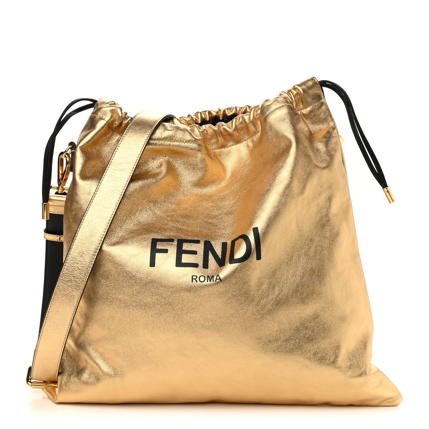 Laminated Calfskin Medium Drawstring Pouch Bag Oro Black