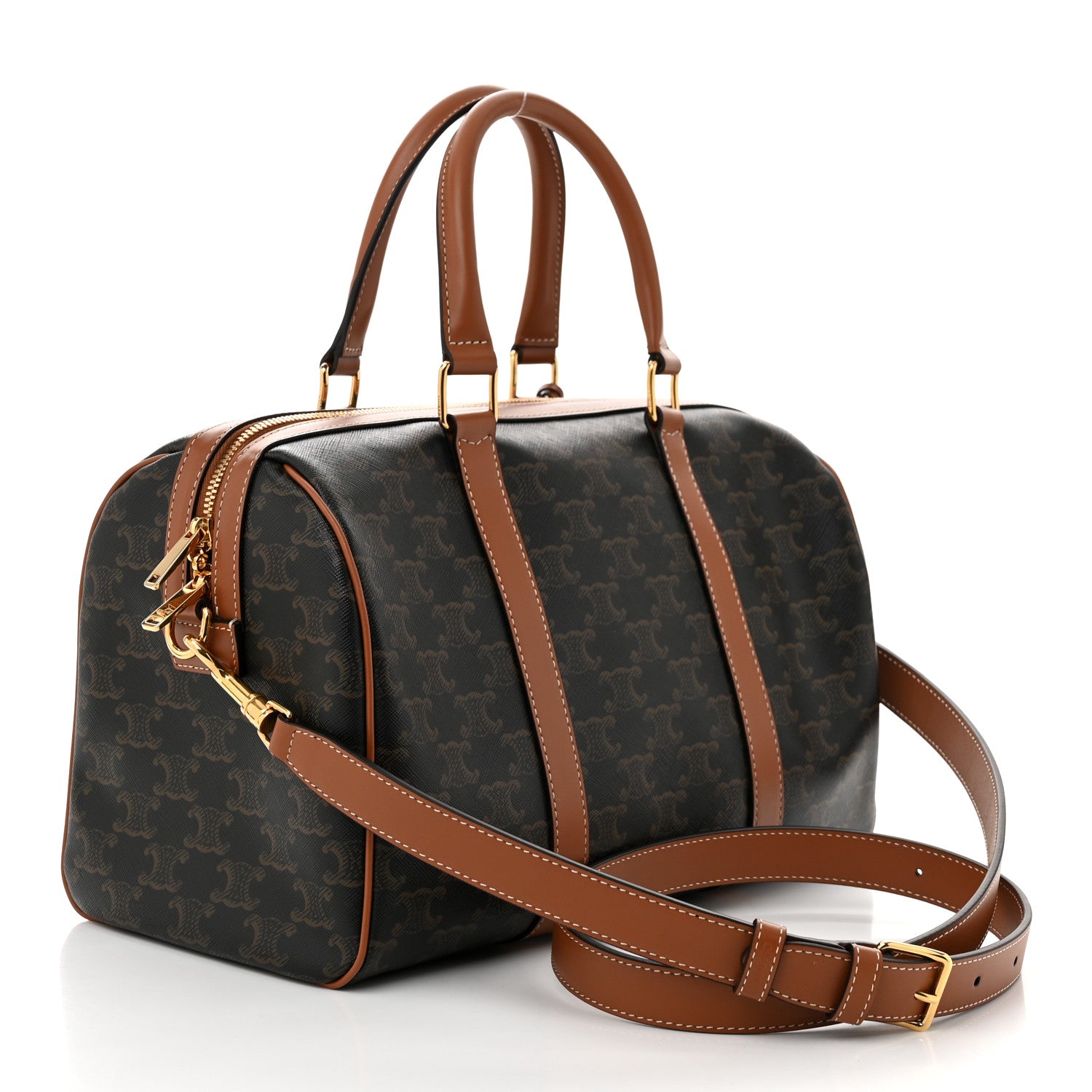 Celine Triomphe Canvas Calfskin Large Boston Bag Tan 3 of 10