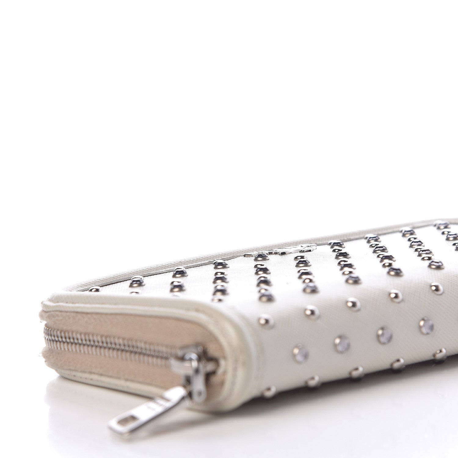 Prada Saffiano Vernice Crystal Studded Zip Around Wallet White 5 of 13