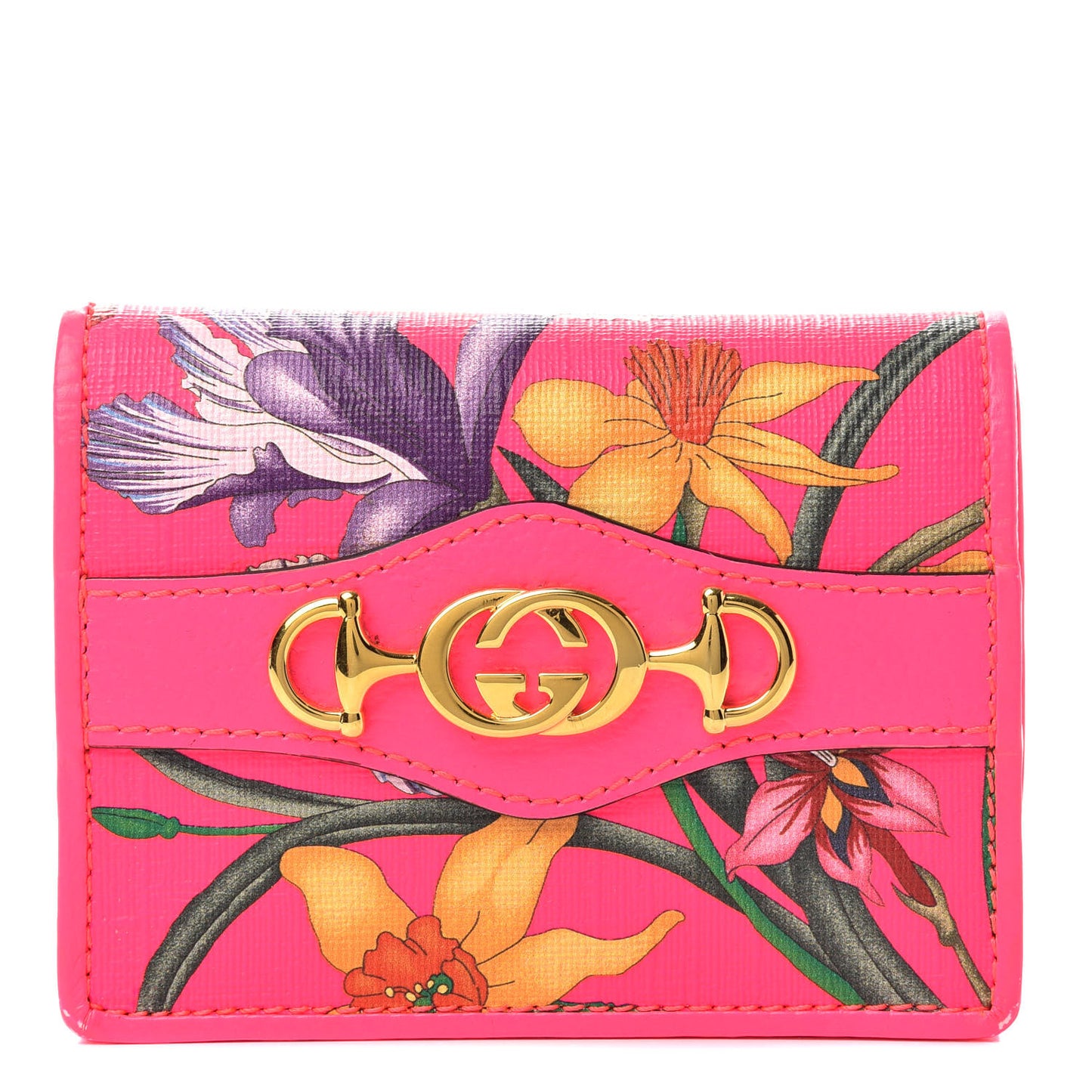 Calfskin Flora Print Zumi Card Case Fuxia Fluo
