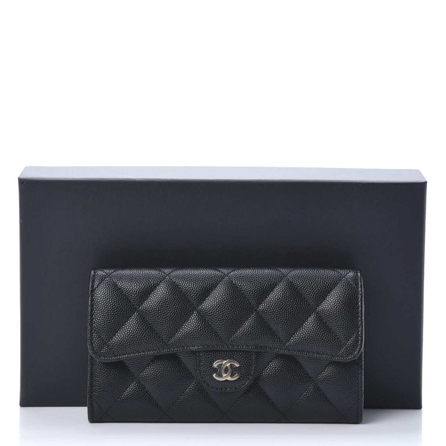Caviar Quilted Medium Gusset Flap Wallet Black