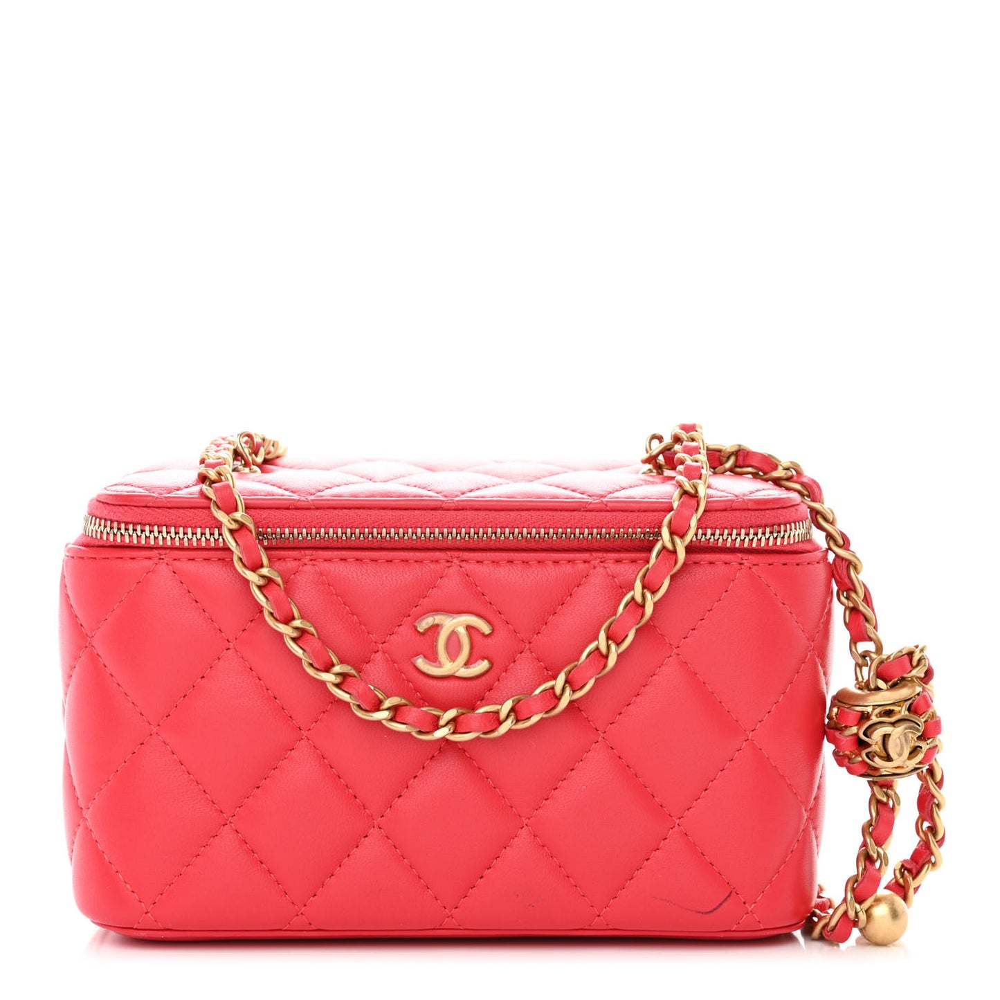 Lambskin Quilted Small Pearl Crush Vanity Case With Chain Red