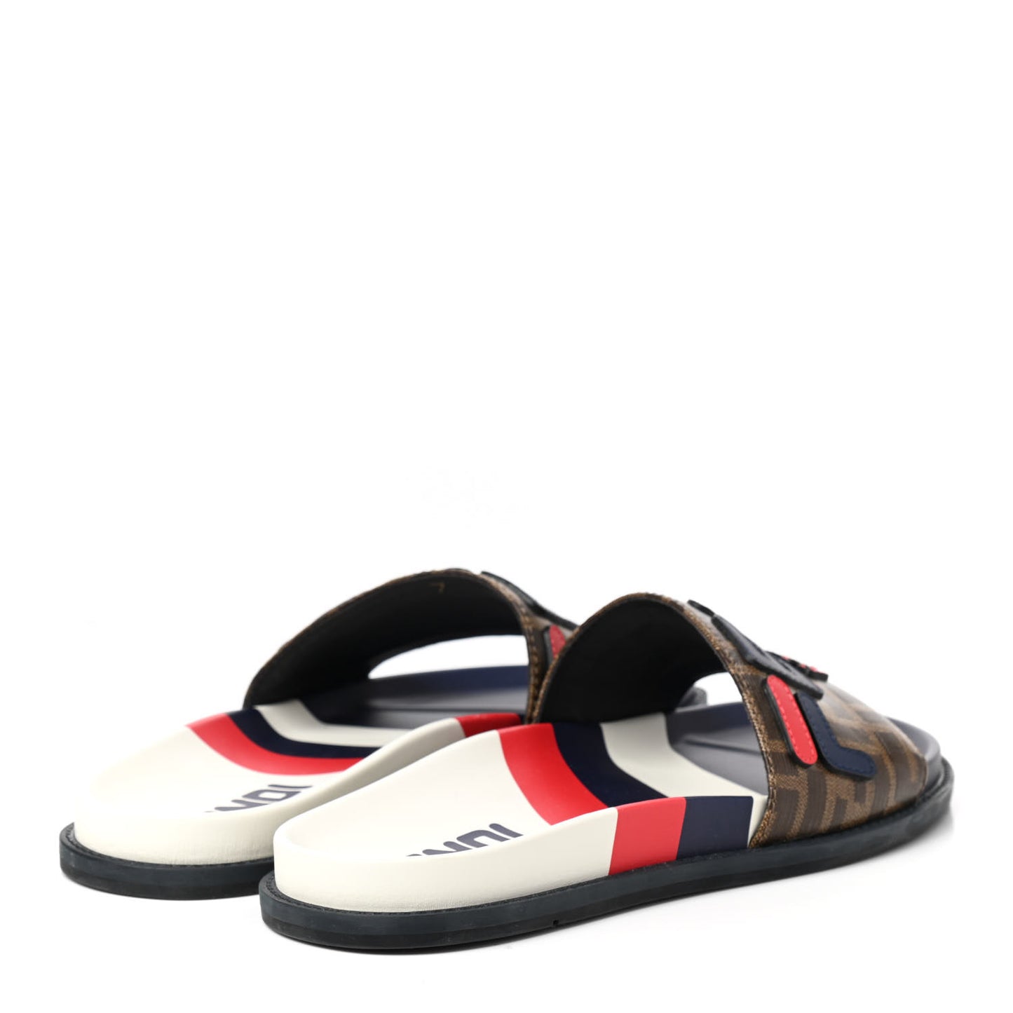 X FILA Glazed Fabric Calfskin FF 1974 Mania Slide Sandals 7 Mogano Panna Blueberry