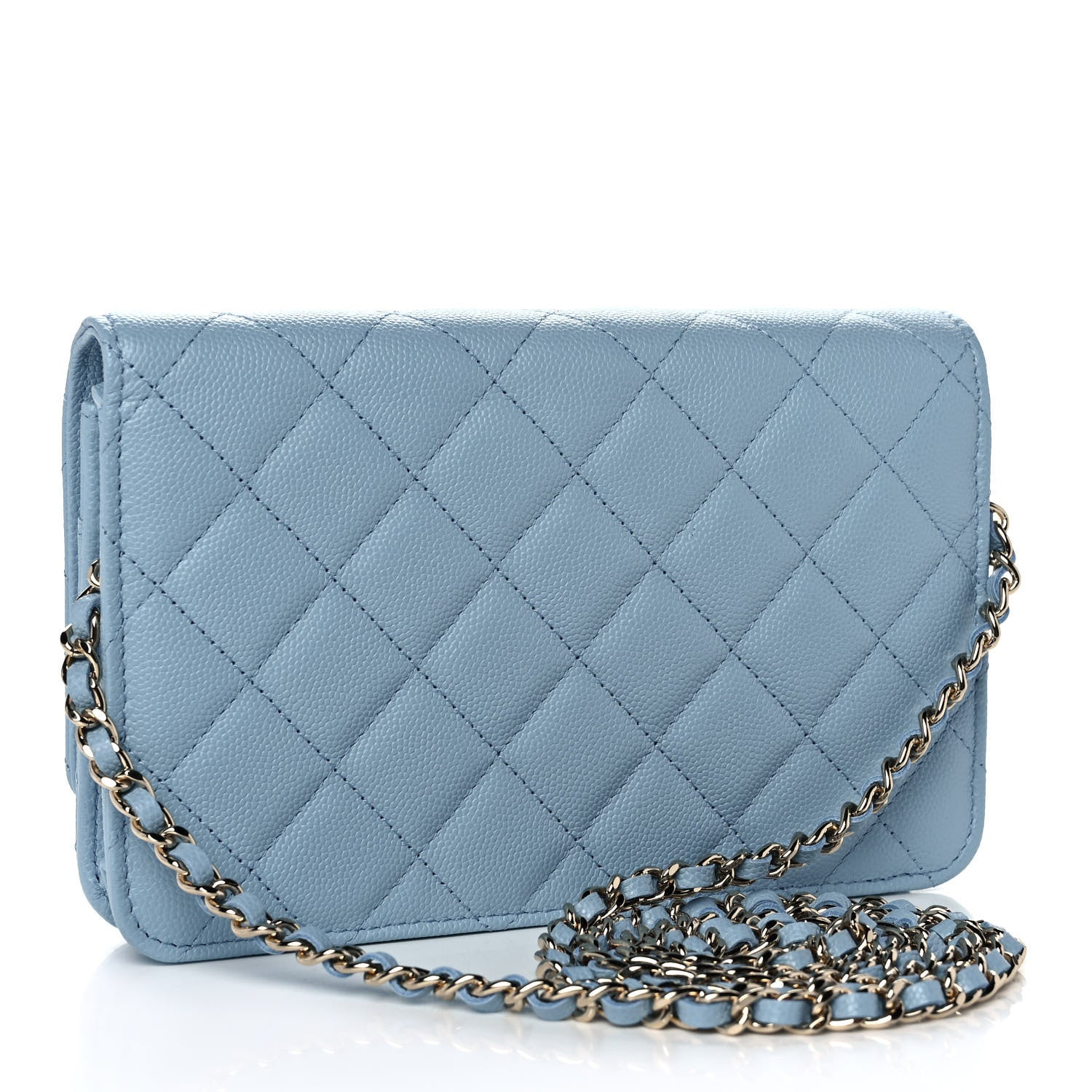Chanel Caviar Quilted Crystal CC Wallet On Chain WOC Light Blue 3 of 12