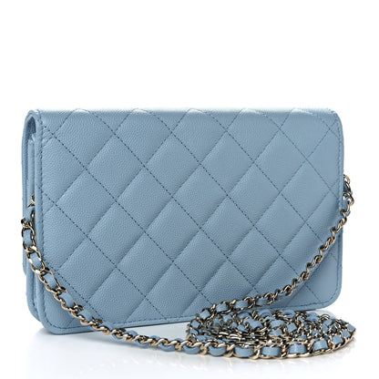 Chanel Caviar Quilted Crystal CC Wallet On Chain WOC Light Blue 3 of 12