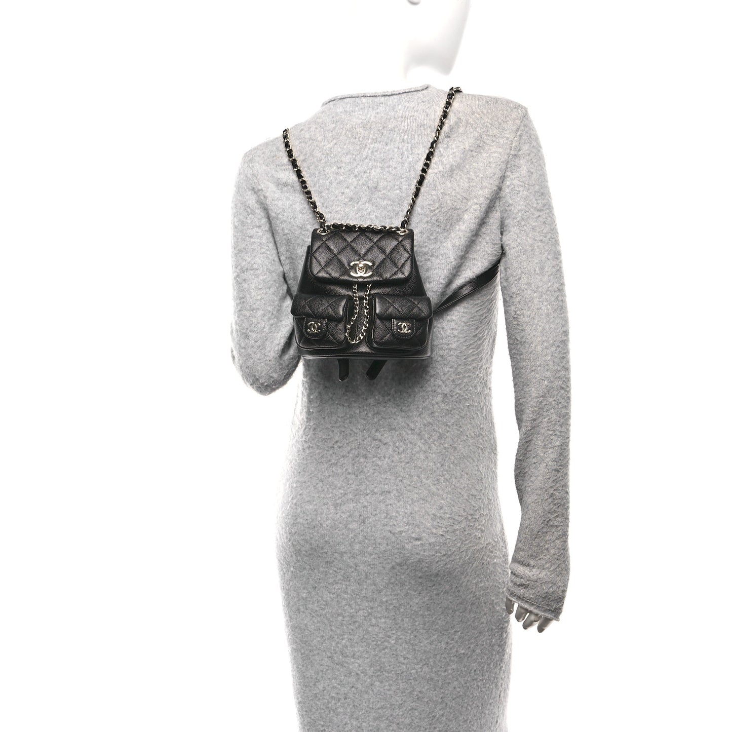 Shiny Caviar Quilted Small Duma Pockets Drawstring Backpack Black