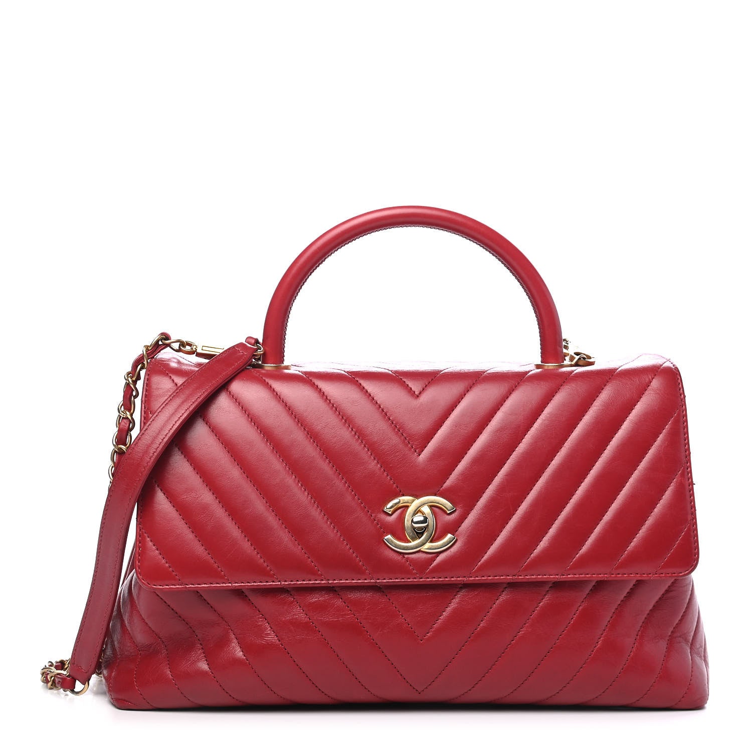 Chanel Calfskin Chevron Quilted Large Coco Handle Flap Red 1 of 11