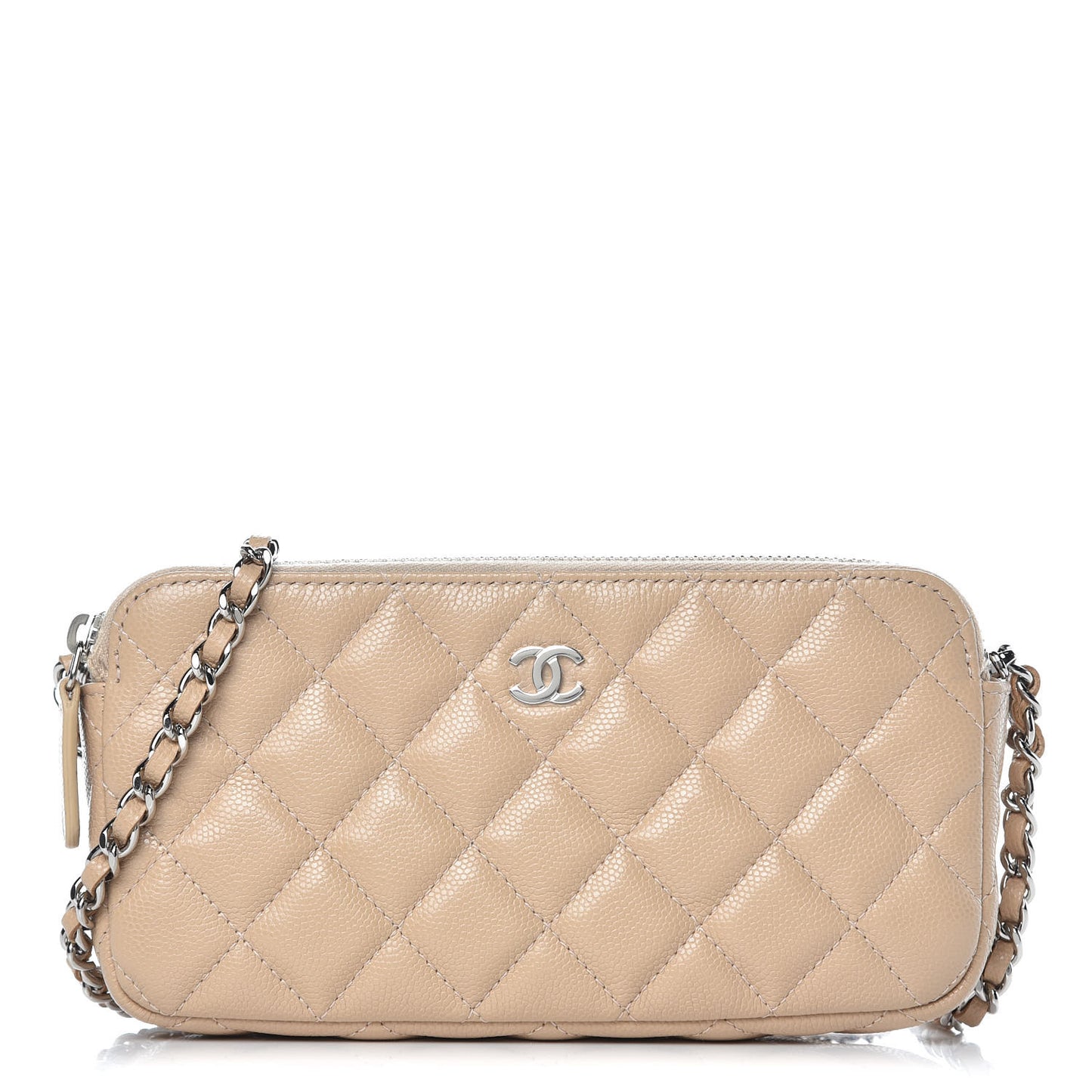Caviar Quilted Small Clutch With Chain Beige