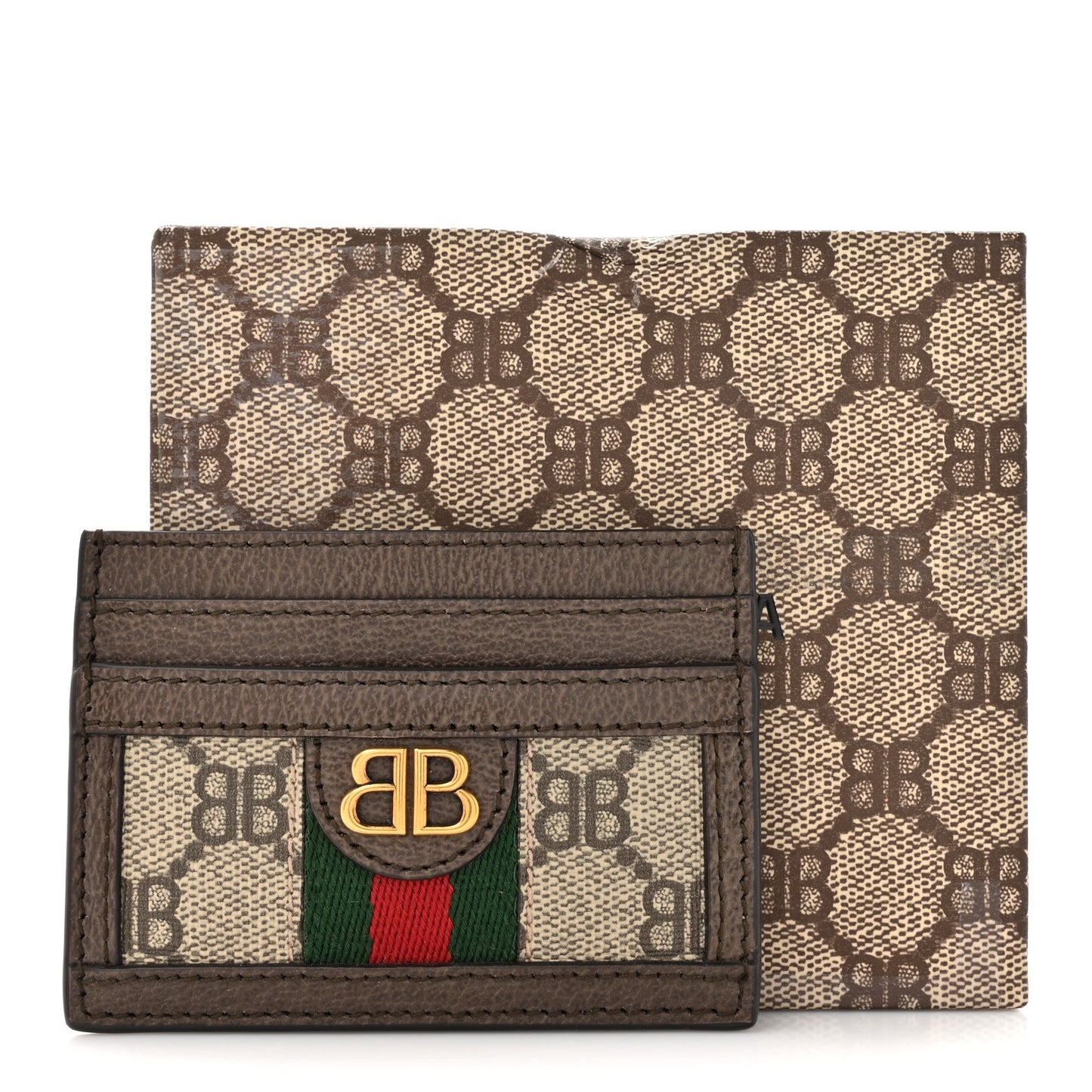 X BALENCIAGA BB Monogram Web Ophidia Card Holder Beige Ebony New Acero