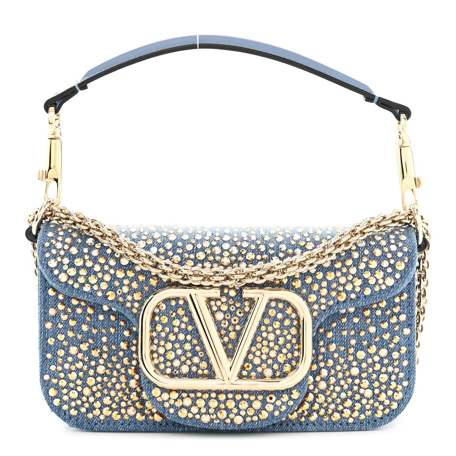 Valentino Garavani Denim Crystal Vlogo Small Loco Shoulder Bag Blue 1 of 10
