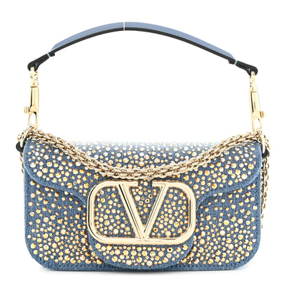 Valentino Garavani Denim Crystal Vlogo Small Loco Shoulder Bag Blue 1 of 10