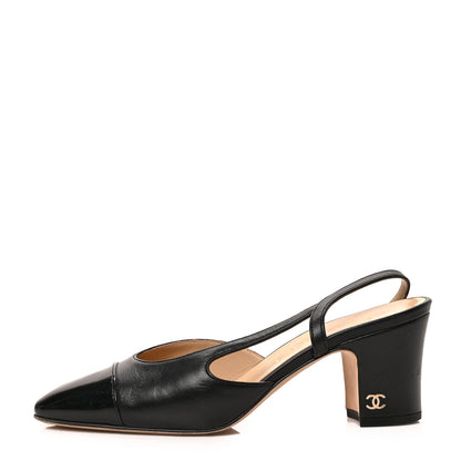 Chanel Textured Calfskin Glazed Goatskin Cap Toe CC Slingback Pumps 35 Black 1 of 8