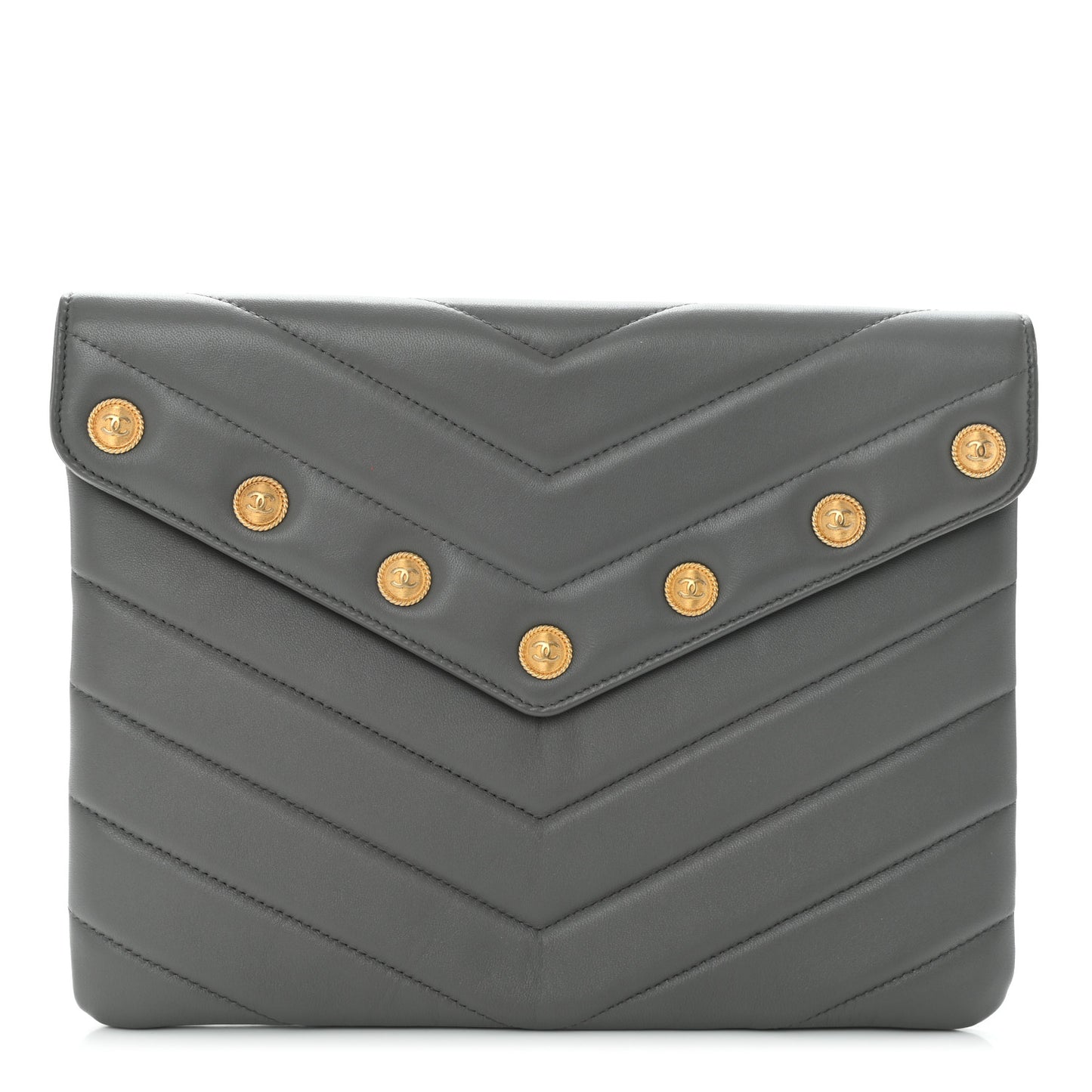 Calfskin Chevron Quilted CC Button Envelope Pouch Grey
