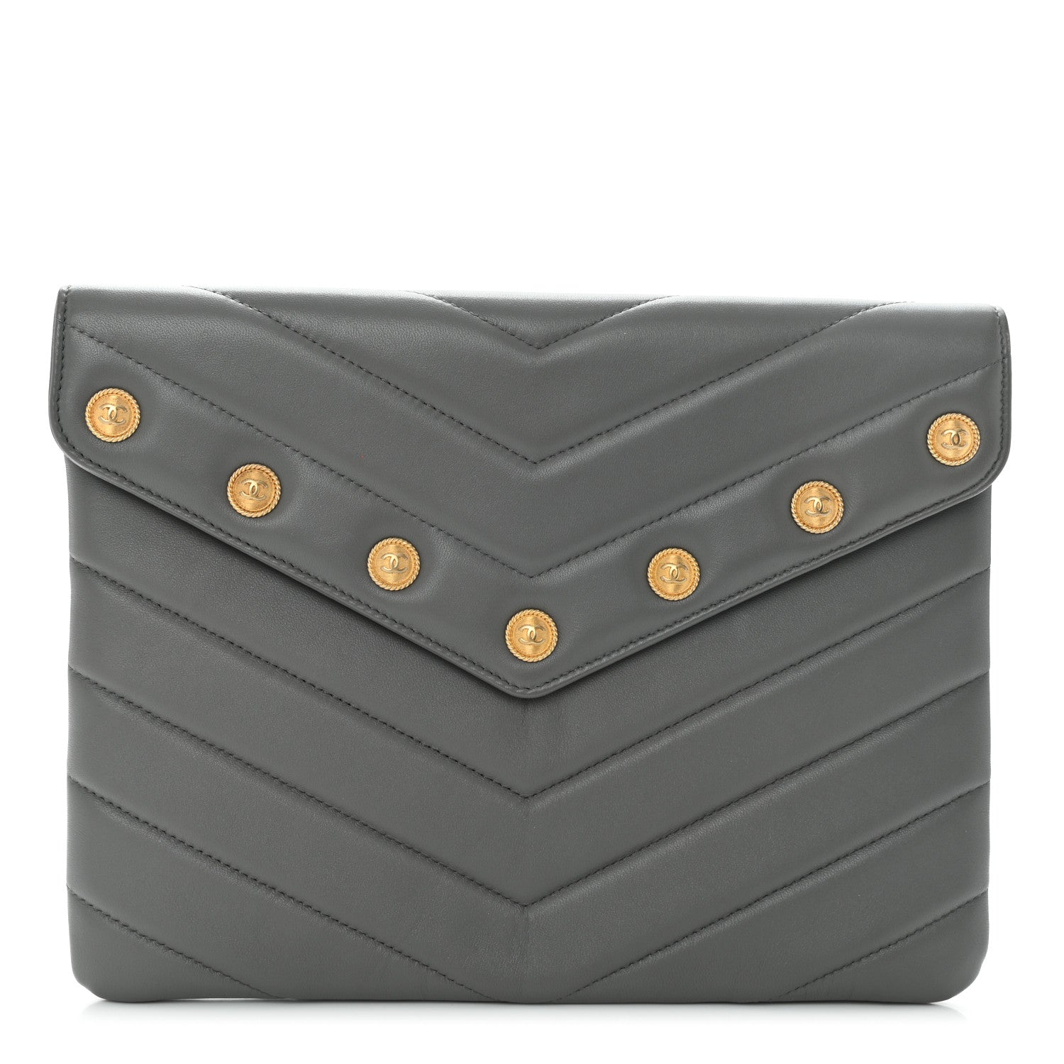 Chanel Calfskin Chevron Quilted CC Button Envelope Pouch Grey 1 of 9