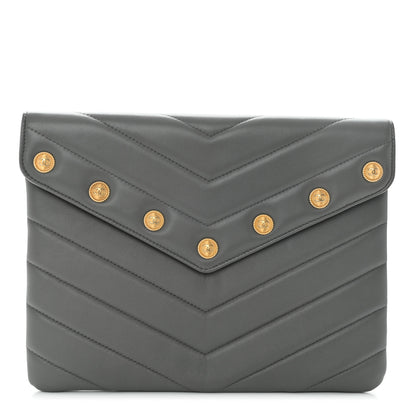 Chanel Calfskin Chevron Quilted CC Button Envelope Pouch Grey 1 of 9