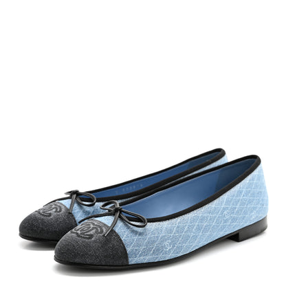 Chanel Denim Printed Quilt CC Cap Toe Ballerina Flats 37.5 Light Blue Dark Grey 3 of 11