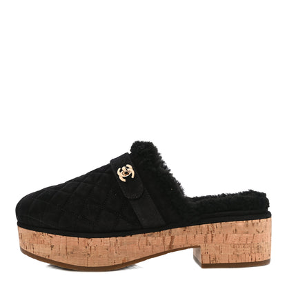 Chanel Suede Calfskin Shearling Turn Lock Clogs 39 Black 2 of 19