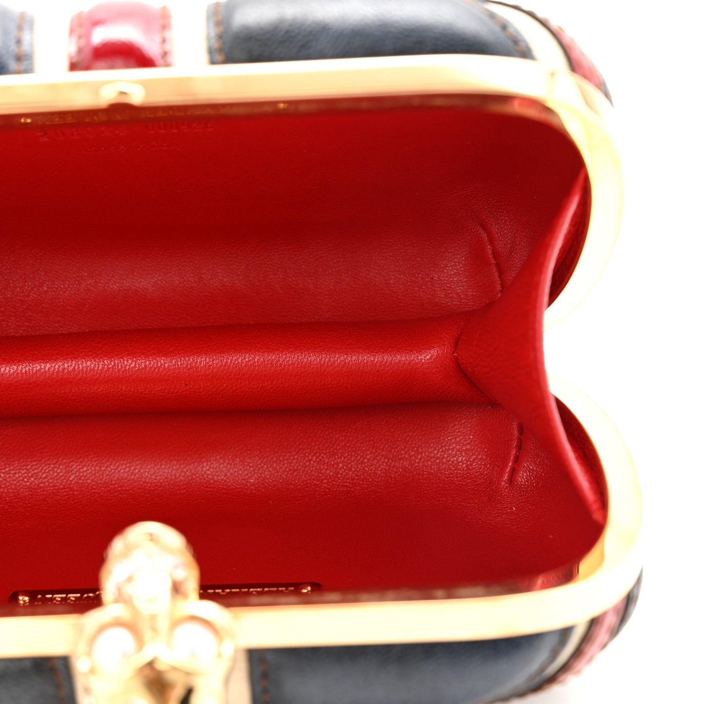 Patent Calfskin Britannia Skull Box Clutch Red Blue