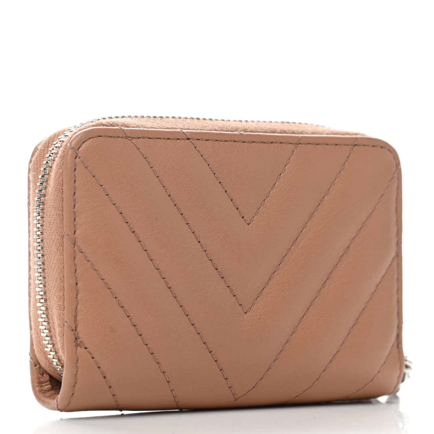 Chanel Calfskin Chevron Quilted Tassel Zip Around Coin Purse Beige 3 of 9