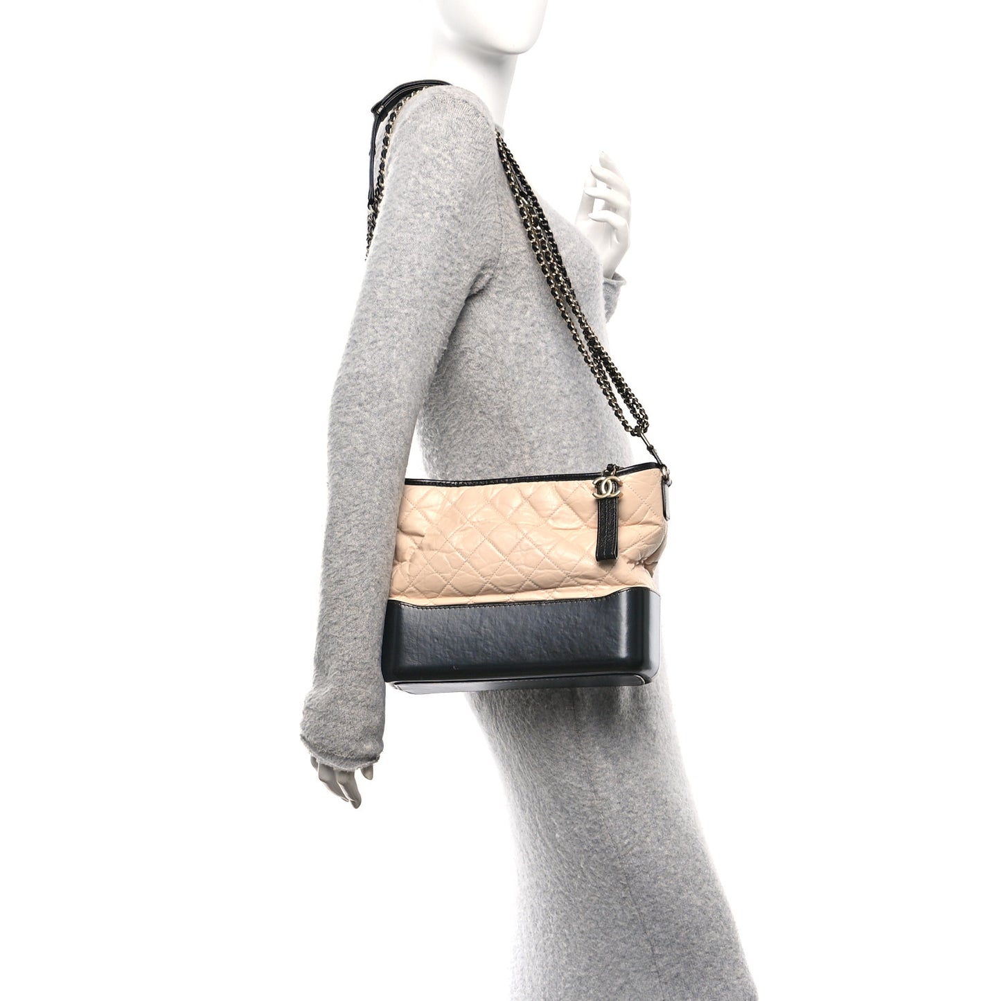 Aged Calfskin Quilted Medium Gabrielle Hobo Beige Black