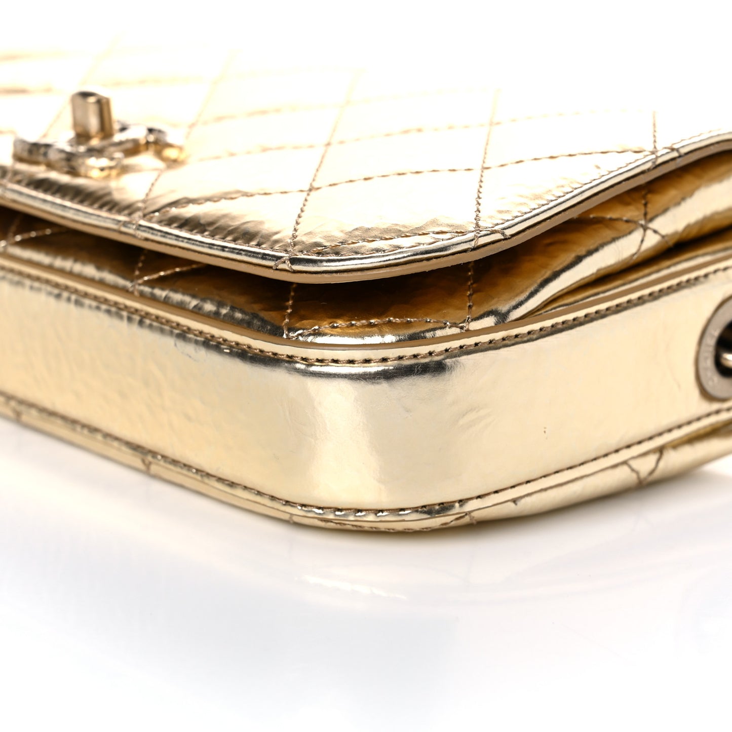 Hammered Metallic Calfskin Quilted Flap Gold