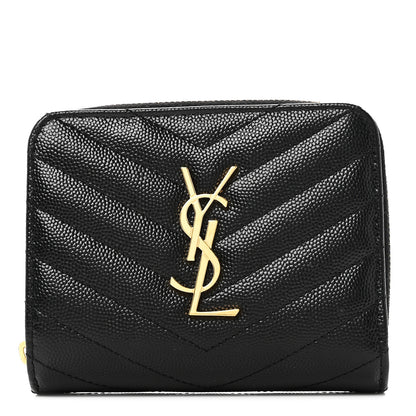 Saint Laurent Grain De Poudre Matelasse Chevron Monogram Compact Zip Around Wallet Black 1 of 8