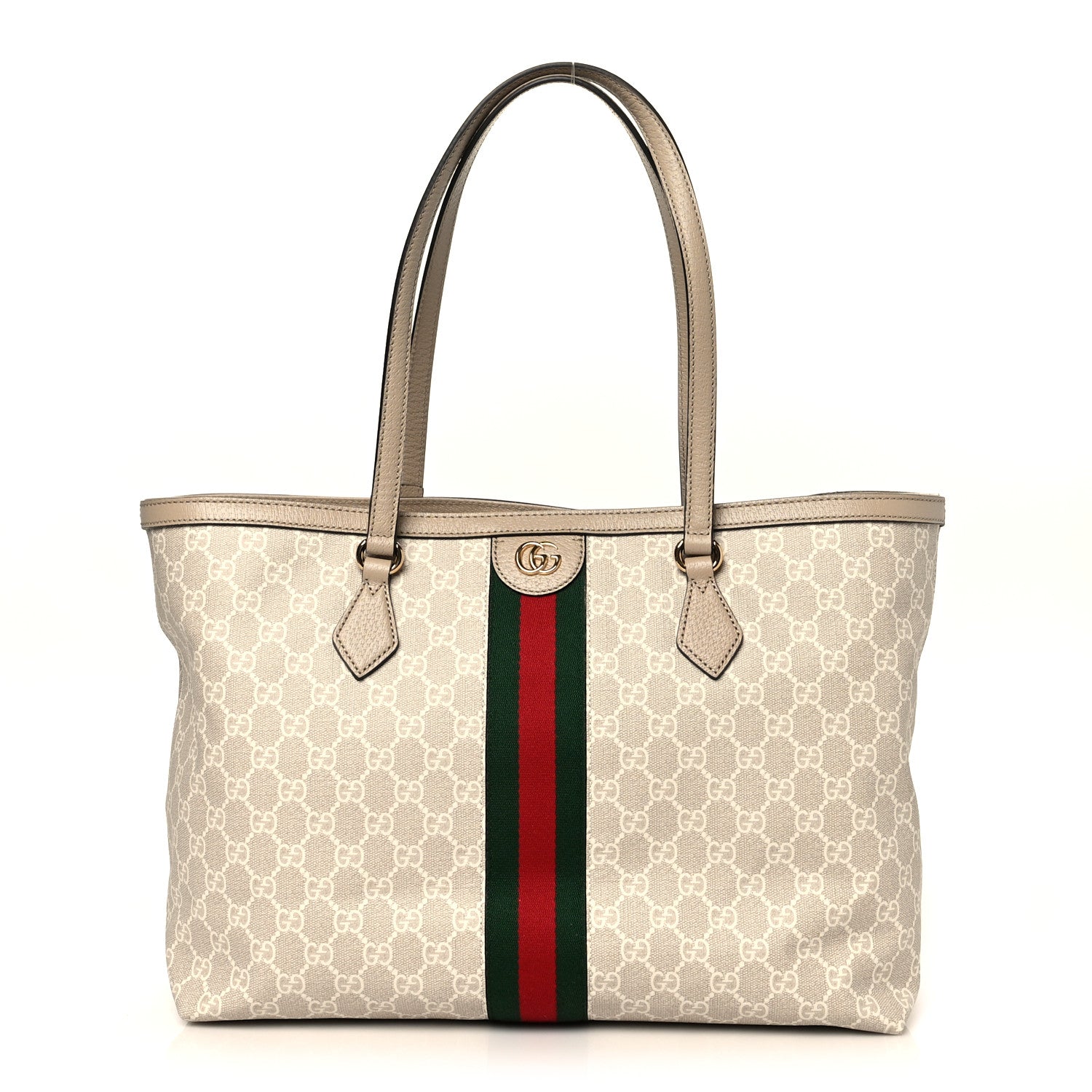 Gucci GG Supreme Monogram Textured Dollar Calfskin Web Medium Ophidia Shopping Tote Beige Mystic White Oatmeal 1 of 10