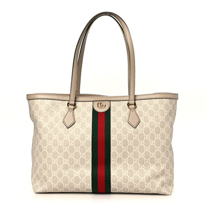 Gucci GG Supreme Monogram Textured Dollar Calfskin Web Medium Ophidia Shopping Tote Beige Mystic White Oatmeal 1 of 10