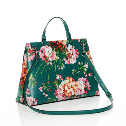 Gucci Shangai Calfskin Blooms Print Medium Bamboo Daily Top Handle Bag Clear Bright Emerald Multicolor 3 of 7