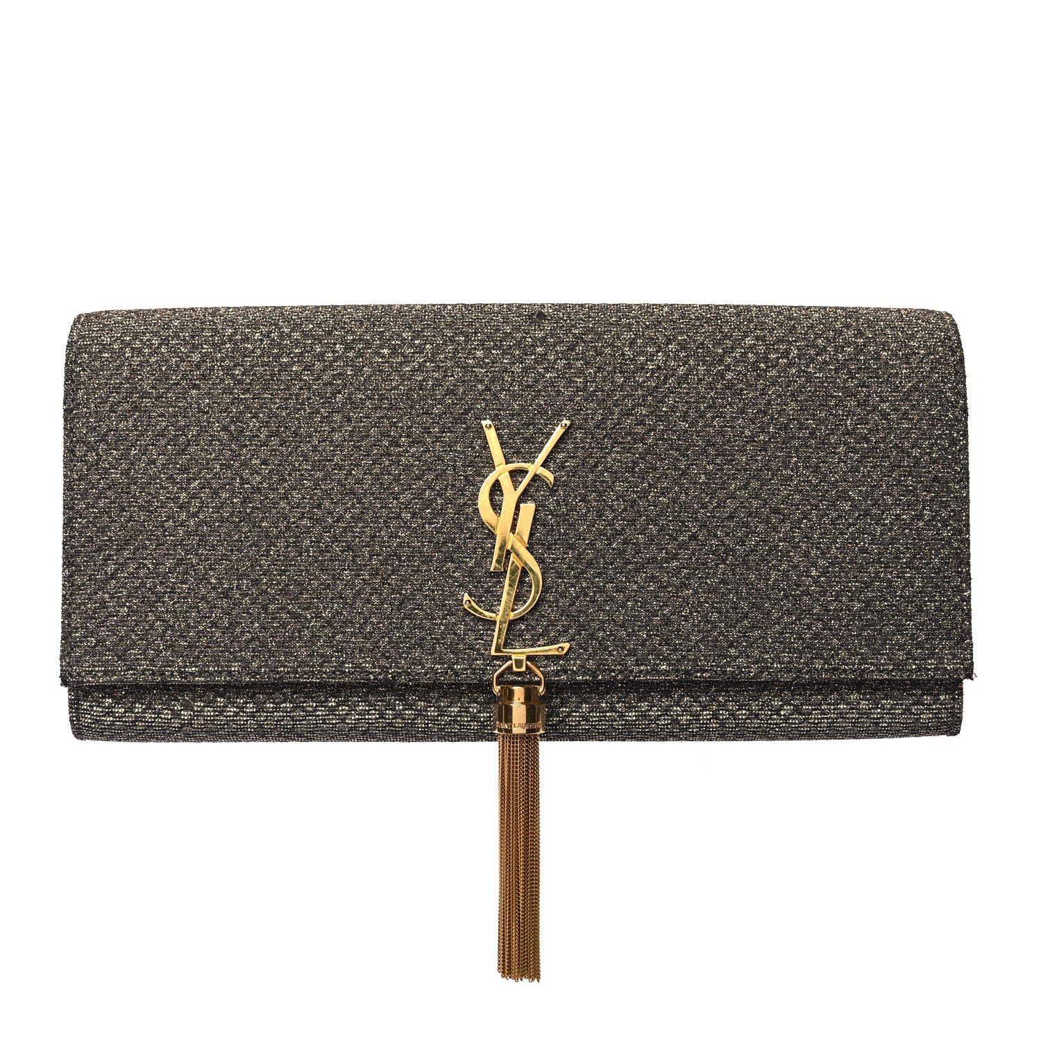 Saint Laurent Metallic Canvas Woven Classic Monogram Kate Tassel Clutch Ciad Argento 1 of 12