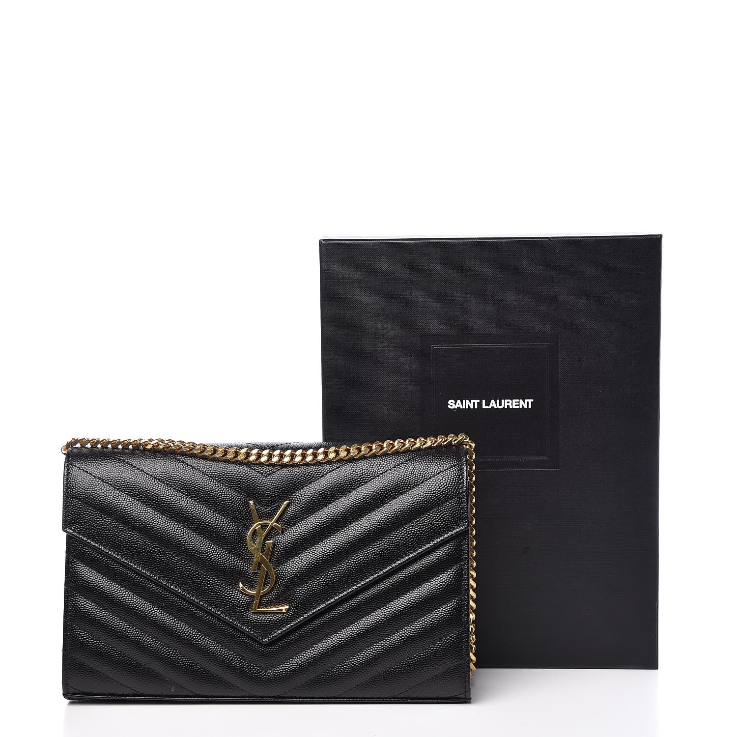 Saint Laurent Grain De Poudre Matelasse Chevron Monogram Chain Wallet Black 10 of 10