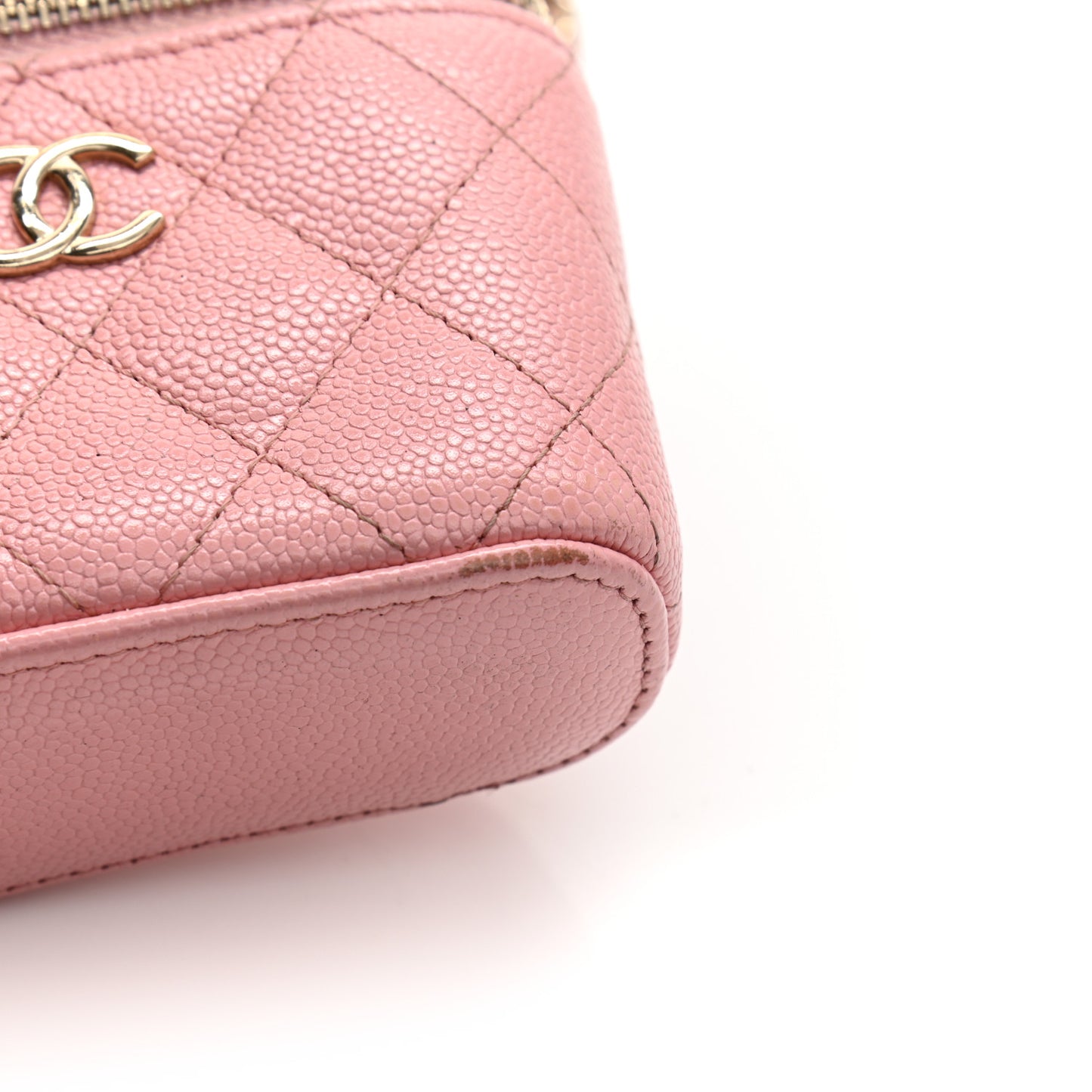 Caviar Quilted Small Handle With Care Vanity Case With Chain Pink