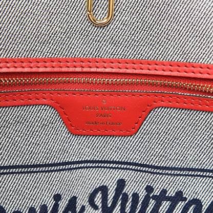Louis Vuitton Denim Damier Monogram Patchwork Neverfull Blue Rouge 7 of 11