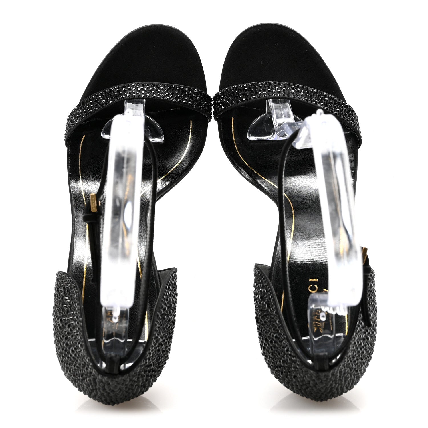 Gucci Suede Satin Crystal Ankle Strap High Heel Sandals 39.5 Black 2 of 9