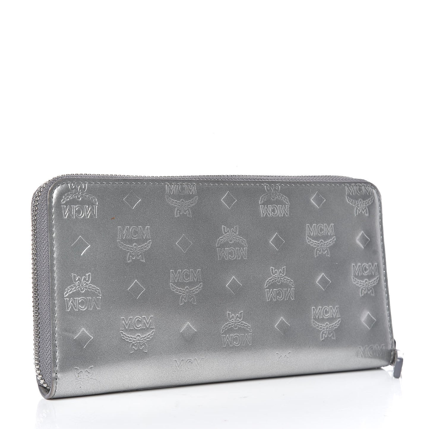 Metallic Monogram Patent Large Zip Around Wallet Silver