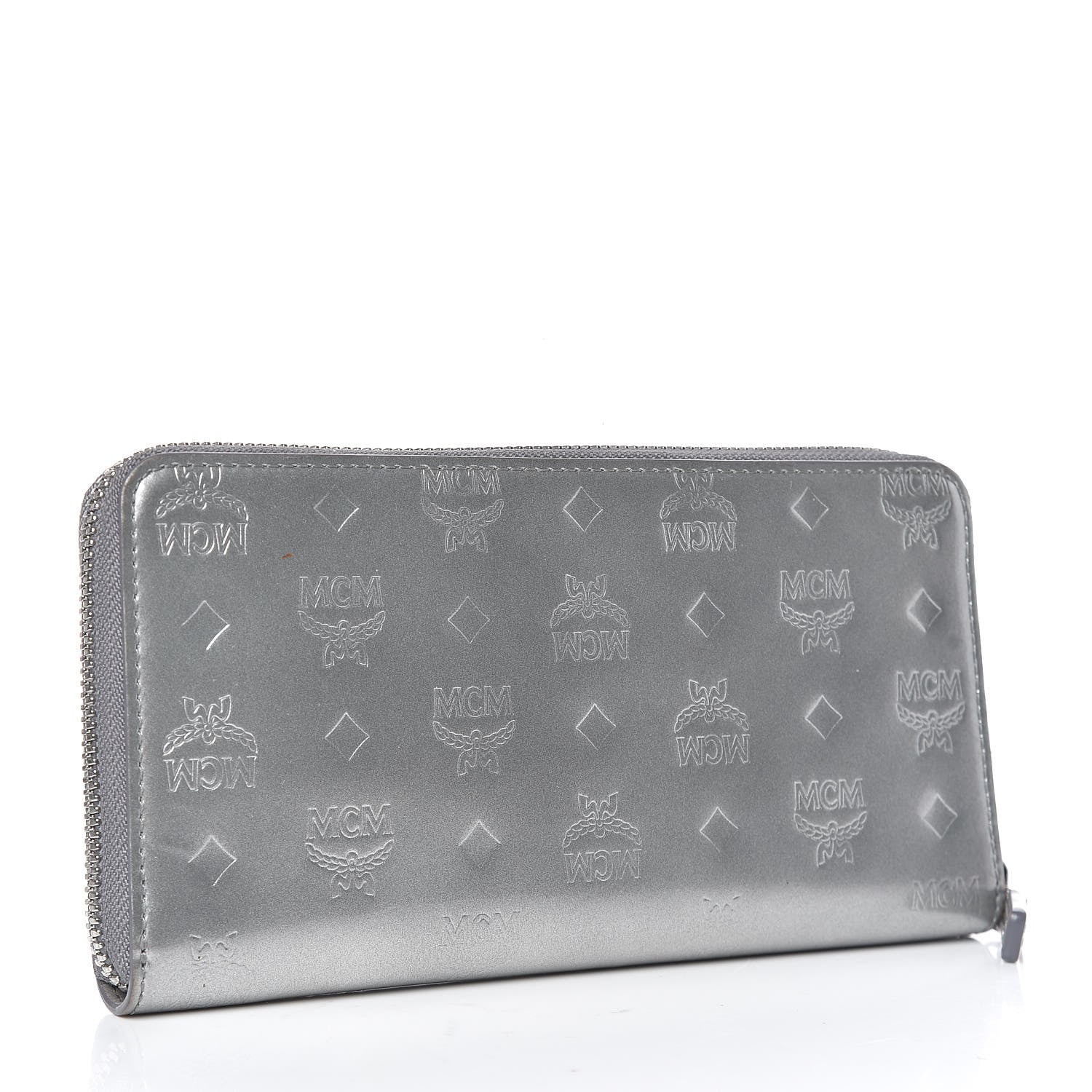 MCM Metallic Monogram Patent Large Zip Around Wallet Silver 3 of 10